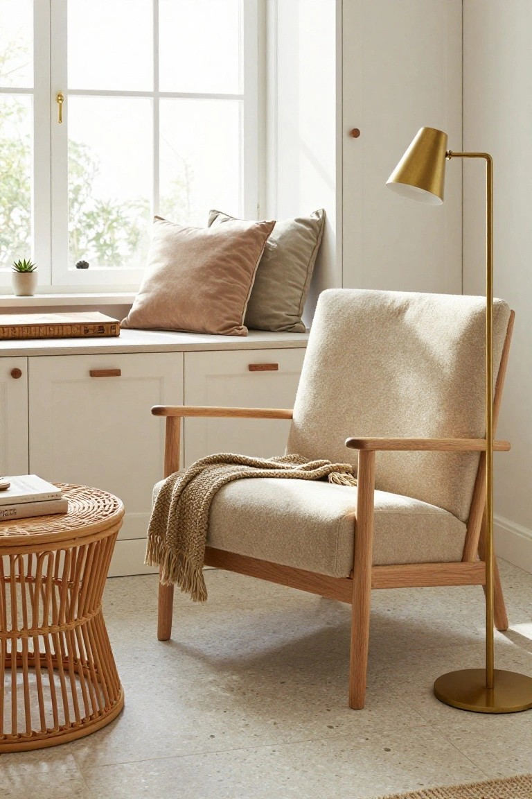 Cream upholstered armchair with light oak wood frame next to rattan side table, knit throw blanket, gold floor lamp, and window seat in white-walled room with natural light.