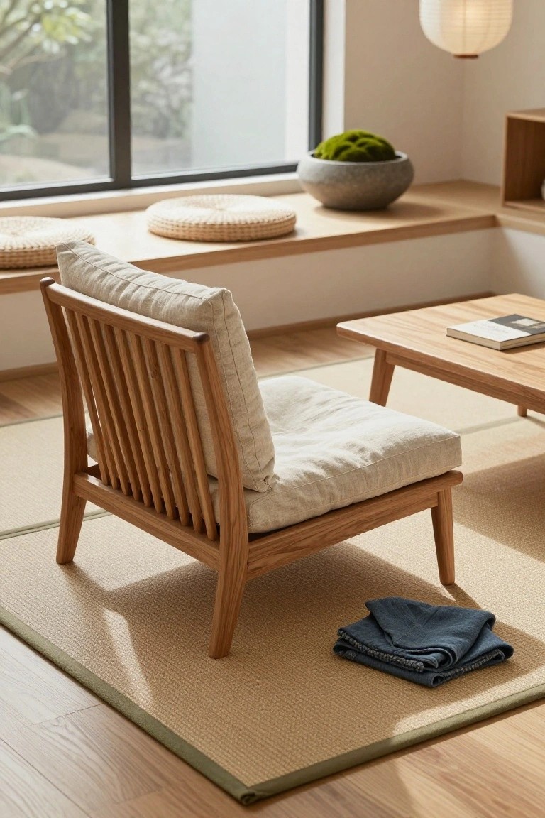 Rear view of a low oak armchair with slatted backrest and white linen cushions positioned on a green-edged tatami mat beside a low wooden coffee table in a minimalist room with large windows.