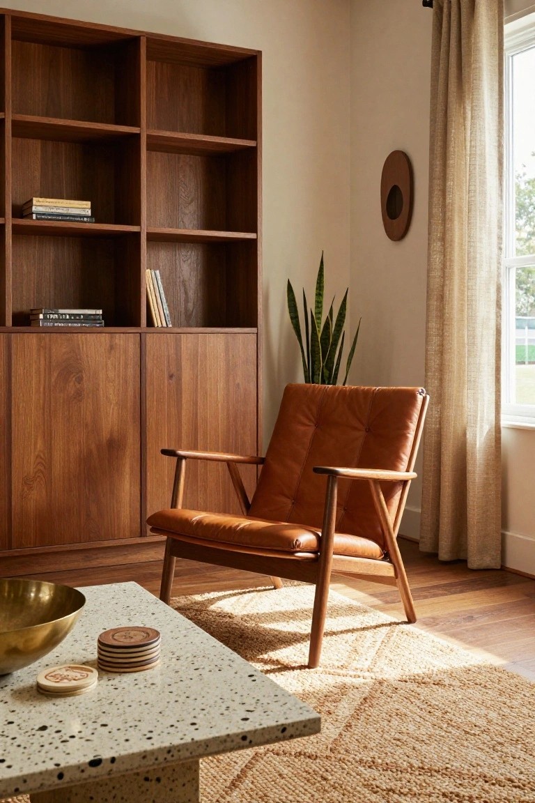 Tan leather armchair with light wooden frame in a living room featuring tall wooden bookshelves, a speckled coffee table with coasters and a brass bowl, a snake plant, and beige curtains by a window.