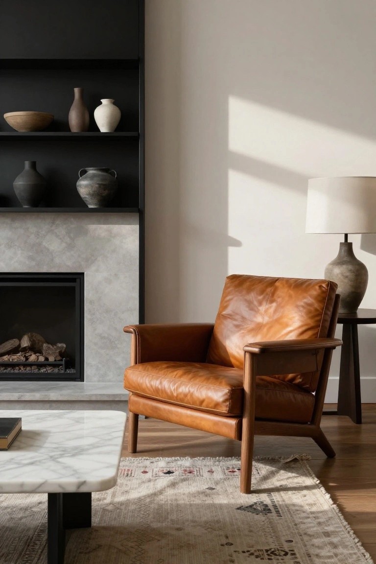 Tan leather armchair with wooden legs and arms in a contemporary living room next to a gray stone fireplace, black shelving with ceramic vases, a side table with lamp, marble coffee table, and patterned rug on wood floor.