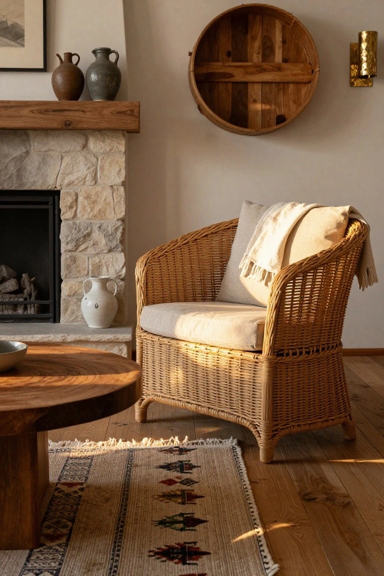 A curved wicker armchair with cream cushion and light throw blanket sits beside a stone fireplace in a sunlit living room with wooden coffee table, woven rug, and pottery on the mantel.