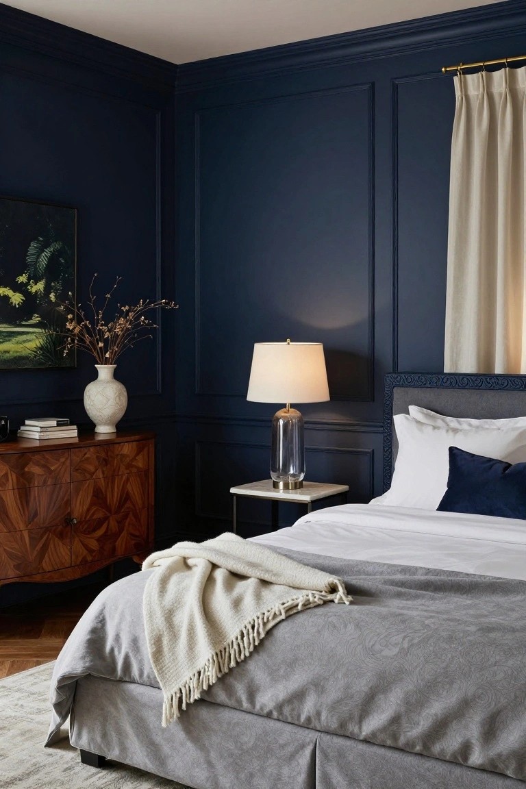 Corner view of a navy blue paneled bedroom with gray upholstered bed draped in white throw, wood credenza with white vase and lamp on side table, cream curtains, and painting on wall.
