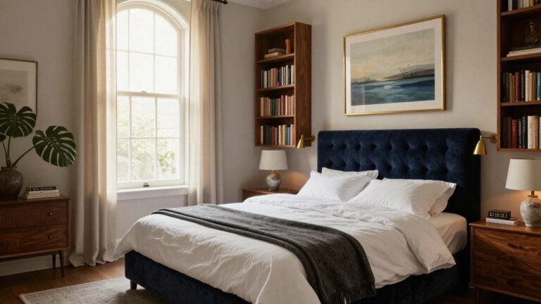18 Beautiful Luxury Navy Blue Bedroom Ideas You’ll Love Bedroom with navy blue walls, tufted navy blue velvet upholstered bed frame, wooden dresser and nightstand with lamp, monstera plants, built-in bookshelves, and window with sheer curtains.