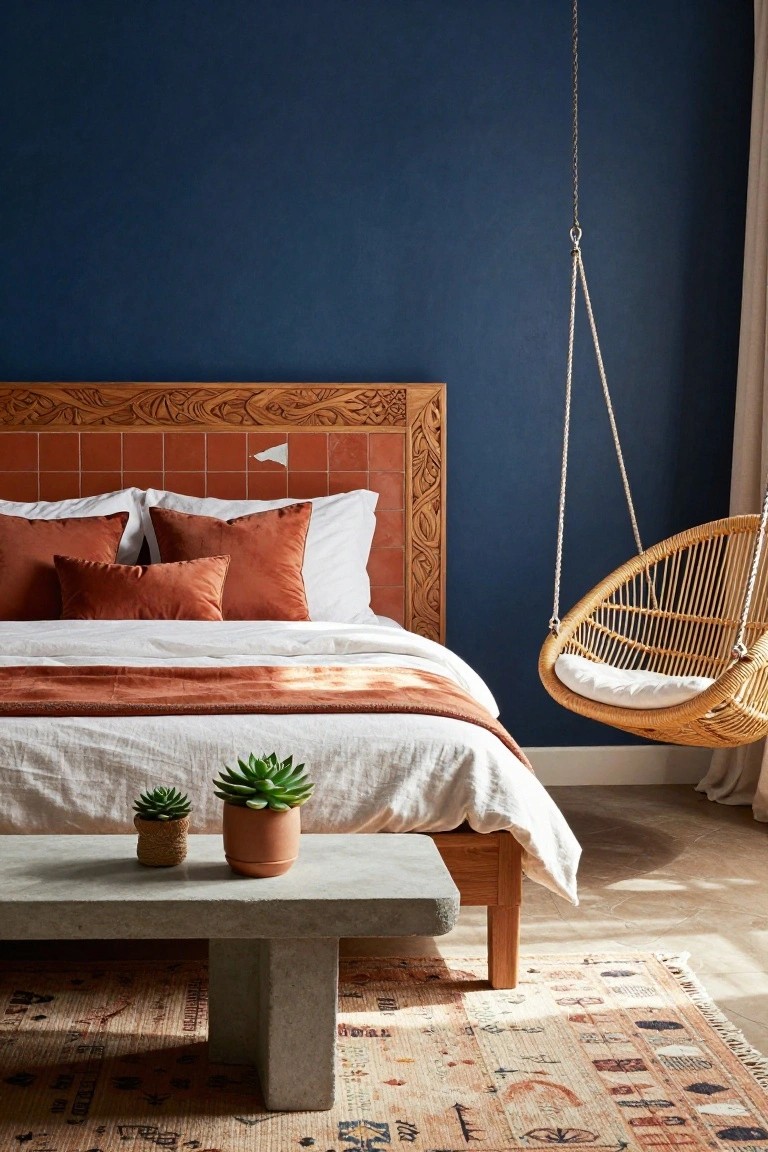 A bedroom with navy blue walls, a bed featuring a terracotta-tiled headboard in a carved wooden frame, rust-colored pillows and throw, white linens, a hanging rattan swing chair, concrete bench table holding potted succulents, and a multicolored patterned rug.