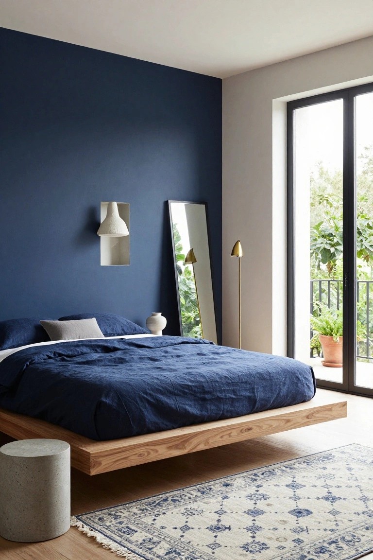 Modern bedroom with navy blue accent wall, low wooden platform bed draped in navy linens, full-length mirror, white wall lamp, gold floor lamp, concrete stool, and sliding glass doors to planted balcony.