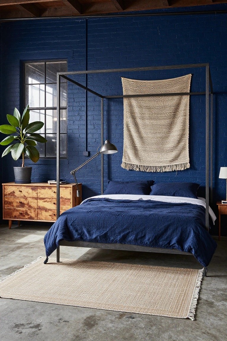 Bedroom with navy blue painted brick walls, black metal canopy bed draped in beige woven fabric, wood dresser, potted ficus plant, adjustable lamp, and bedside table.