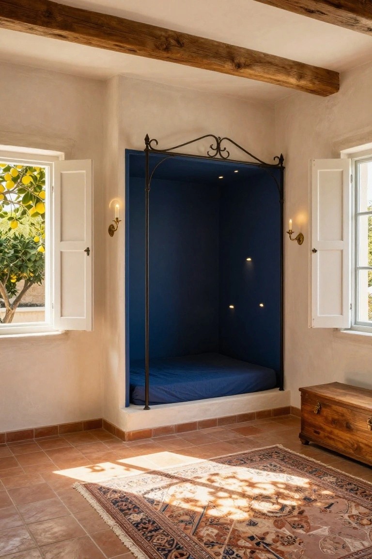 Bedroom corner with navy blue recessed bed alcove framed by black wrought iron arch, flanked by open white shuttered windows overlooking lemon tree, terracotta tile floor with Persian rug, wooden chest nearby, exposed wood beams on white walls.