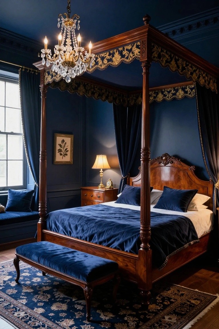 A luxurious bedroom with dark navy walls, an ornate wooden four-poster bed draped in navy velvet, blue bedding, pillows, a bench, chandelier, and table lamps.