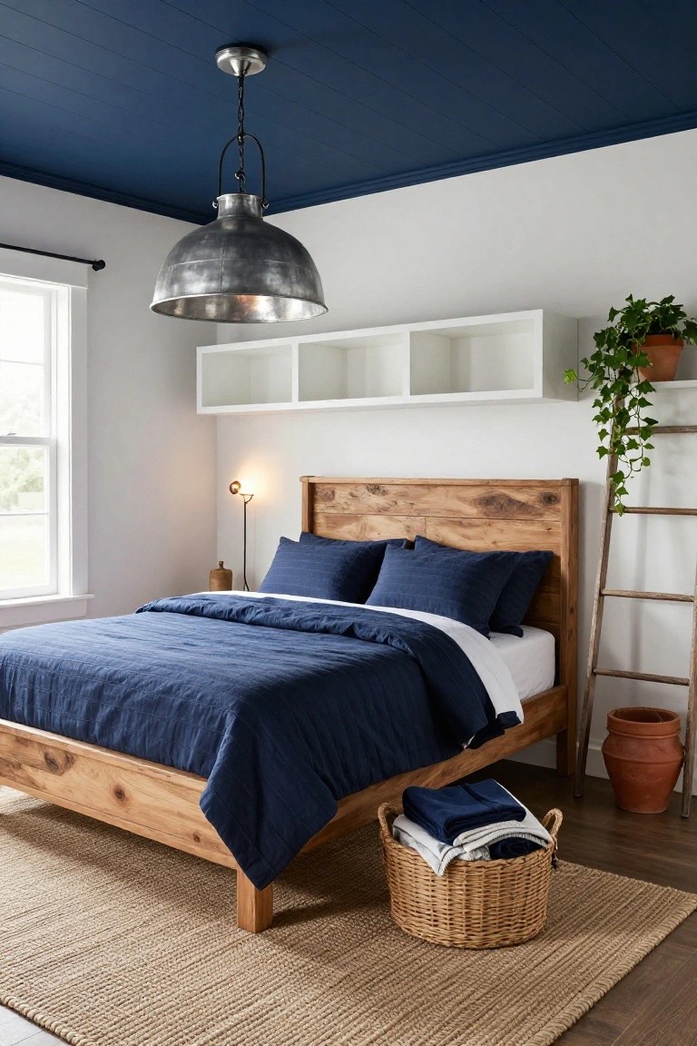 Bedroom with navy blue ceiling, white walls, wooden bed frame topped with navy blue quilt and pillows, galvanized metal pendant light, floating white shelves, potted plants, ladder shelf, table lamp, basket of linens, and seagrass rug on wood floor.