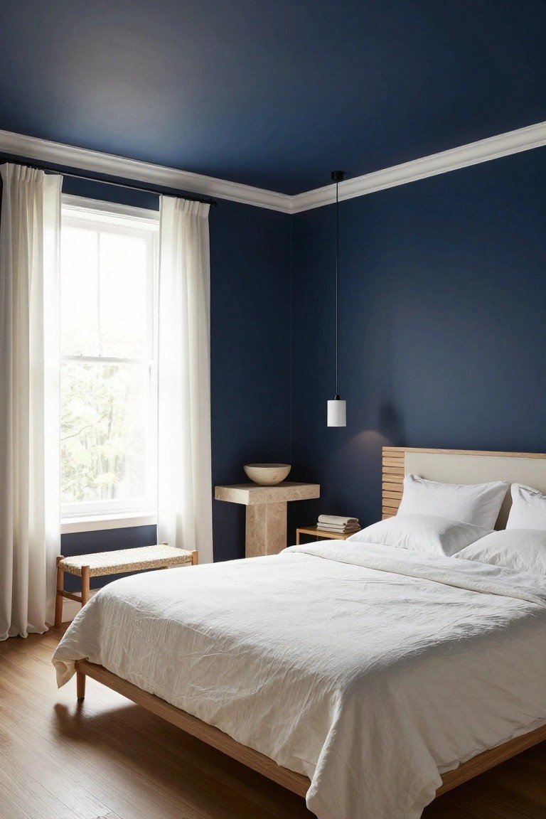 Corner view of a bedroom featuring navy blue painted walls and ceiling, an oak bed frame with white linens, sheer white curtains on a window, a rattan bench, and a travertine pedestal table with a white bowl beside the bed.