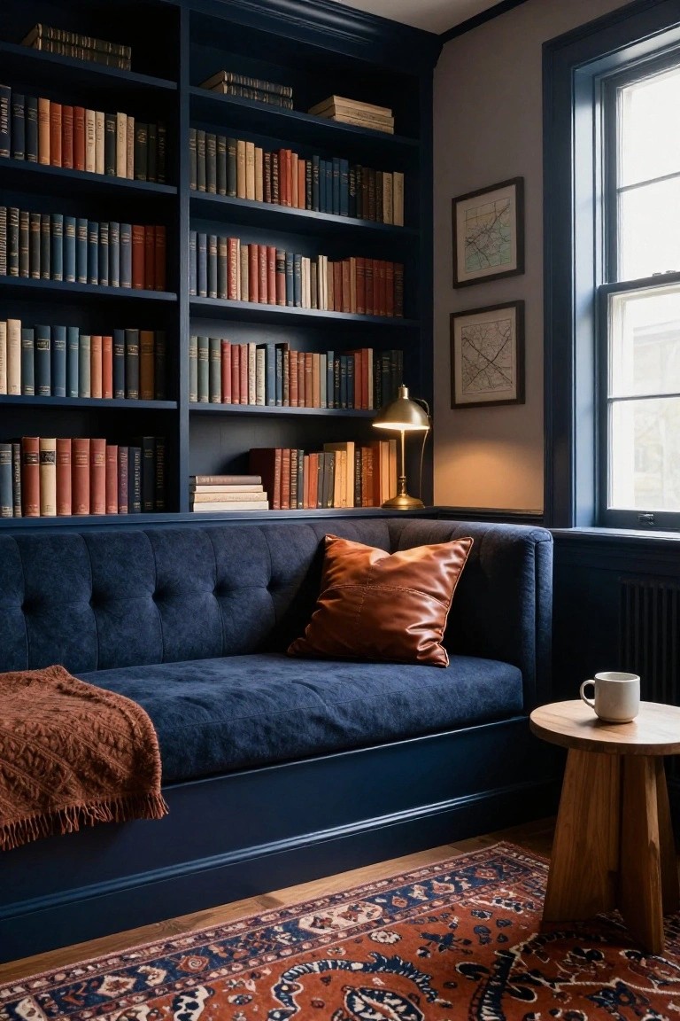 Interior corner room with navy blue built-in bookshelves filled with assorted books, navy velvet tufted sofa with rust leather pillow and throw blanket, brass desk lamp on wooden stool beside a mug of tea, Persian-style rug on wood floor.