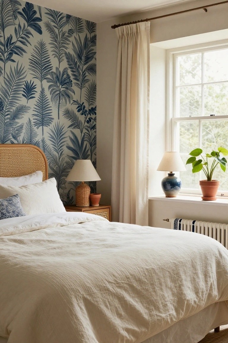 Bedroom with navy blue palm leaf wallpaper behind a rattan headboard and white linen bed, woven lamp on wooden nightstand, blue vase and potted plant on windowsill with white curtains.