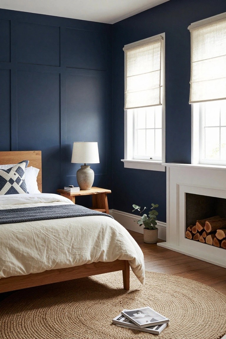 Bedroom corner with navy blue paneled walls, wooden bed frame and nightstand, white lamp, beige roman shades on two windows, white fireplace with firewood stack, eucalyptus plant, seagrass rug, and hardwood floor.