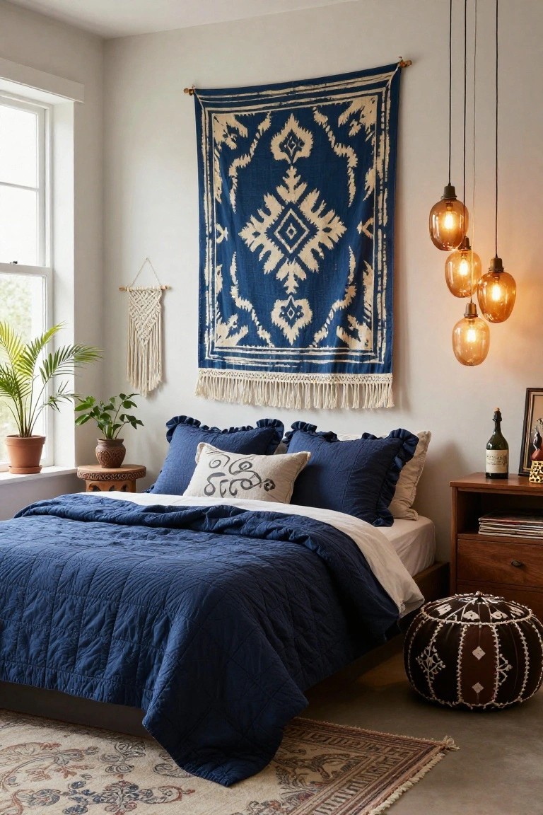 Bedroom interior with navy blue quilted bedspread and ruffled pillows on a low platform bed, large blue and white patterned wall hanging, potted plants by window, macrame wall decor, amber pendant lights, wooden side tables, and brown leather pouf on patterned rug.