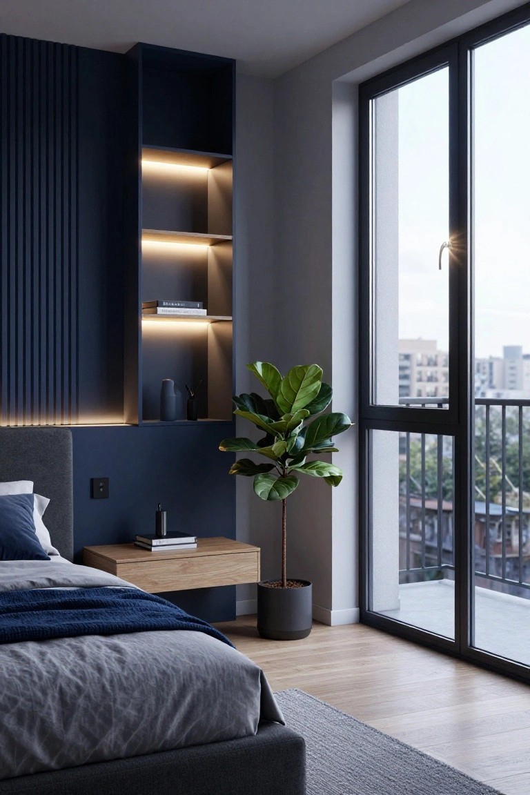 Modern bedroom with navy blue vertical slat wall paneling and integrated LED-lit floating shelves behind a low gray upholstered bed, wooden floating nightstand, large potted ficus plant in black pot, and floor-to-ceiling windows with urban cityscape view.