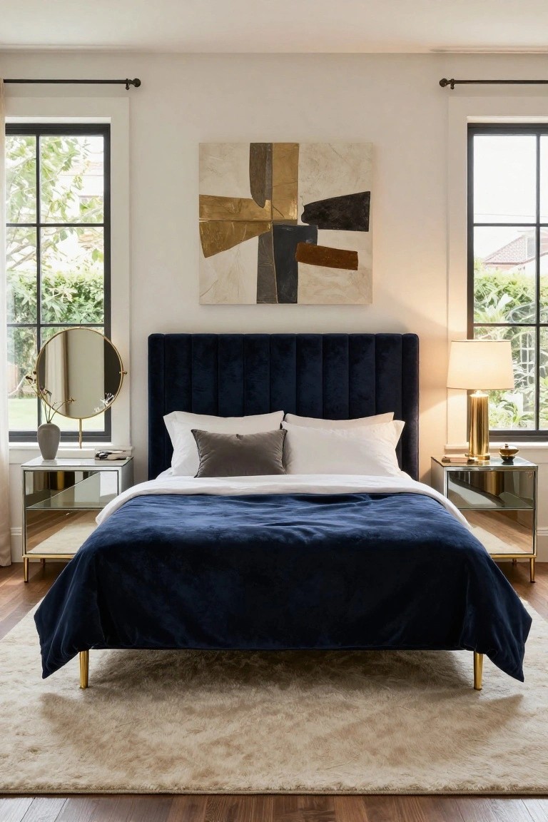 A bedroom with a navy blue velvet tufted headboard and matching duvet on a low bed with gold legs, flanked by mirrored nightstands, a gold mirror, and large black-framed windows overlooking greenery.
