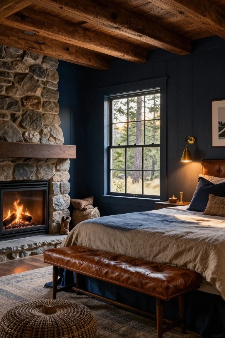 Bedroom with navy blue paneled walls, tall stone fireplace burning gas logs, wooden ceiling beams, bed with blue and beige linens, leather bench at foot, wicker stool on rug, and window showing pine trees.