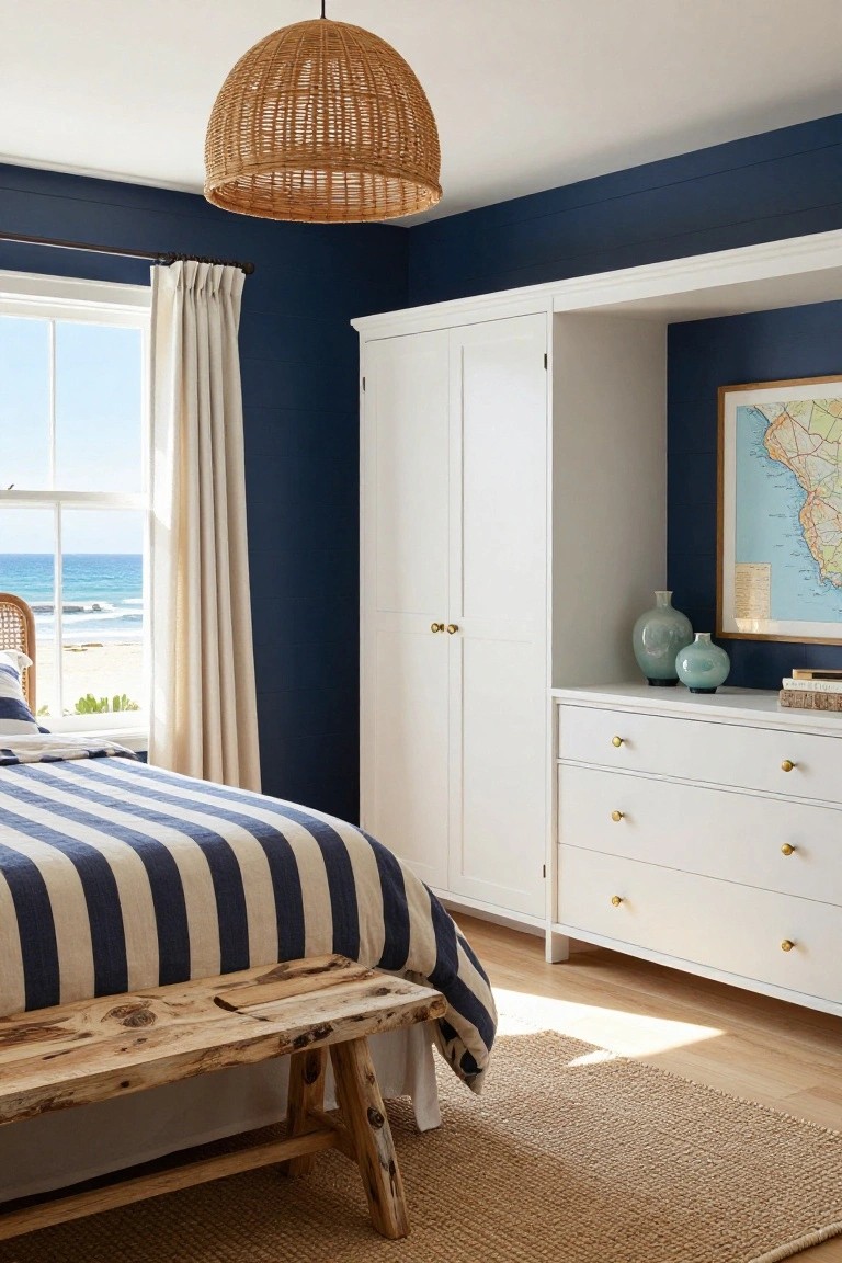 Navy blue shiplap walls in a bedroom with a white wardrobe, matching dresser with gold knobs, striped navy and white bedding on a bed, rattan pendant light overhead, and a window showing ocean view.
