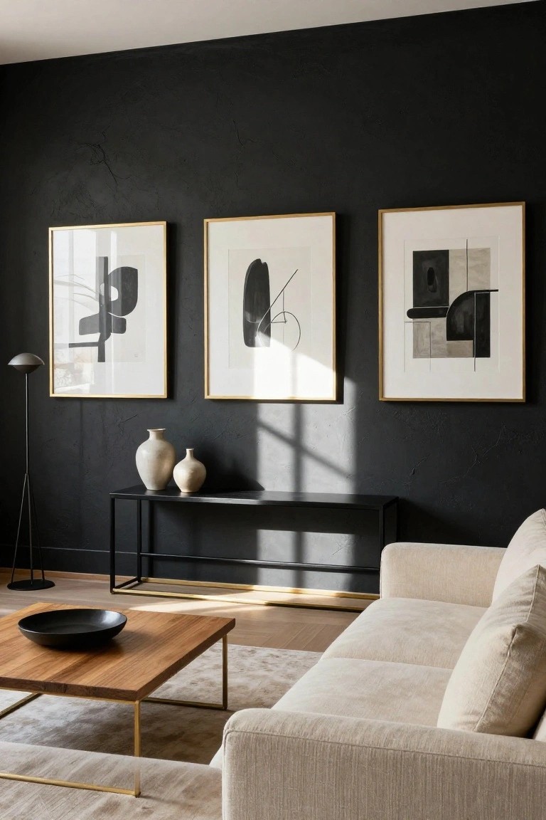 Living room with textured black walls displaying three large gold-framed abstract black line drawings, a black metal console table with two beige ceramic vases, a cream fabric sofa, wooden coffee table with black bowl, gold floor lamp, and beige rug on wood floor.