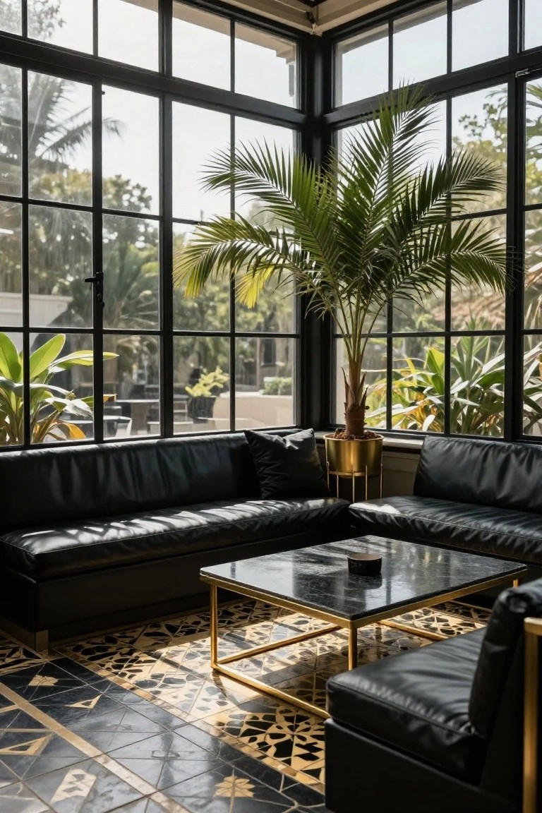 Glass-enclosed interior room with black leather sofas arranged around a low gold-framed black marble coffee table on a black and gold geometric patterned tile floor, featuring a tall potted palm plant and large windows showing tropical greenery outside.