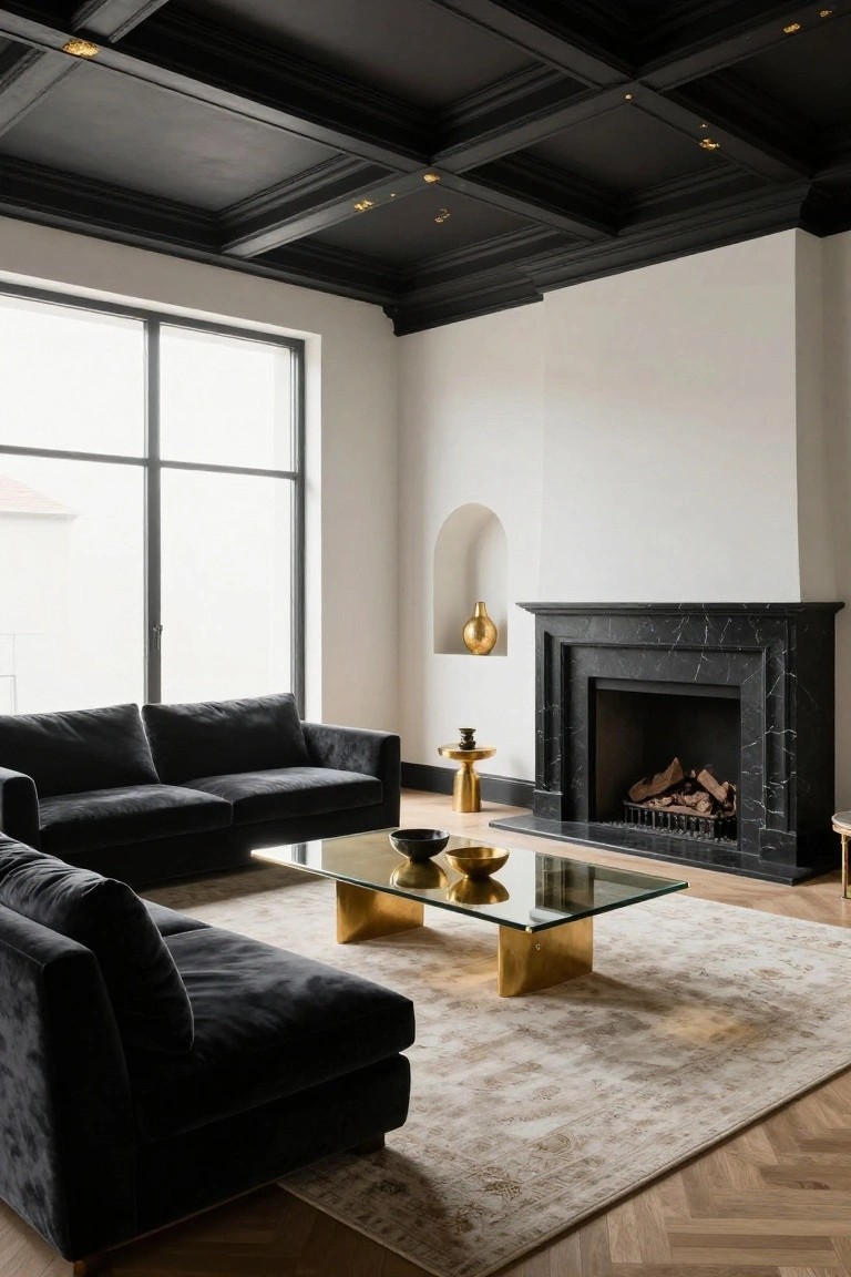Modern living room with black coffered ceiling accented by gold details, white walls, arched niche with gold vase, black marble fireplace, black velvet L-shaped sofa, glass-top gold coffee table with bowls, beige rug, and herringbone wood floor.