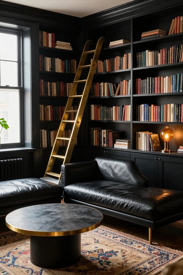 A corner library room with black floor-to-ceiling bookshelves, a tall sliding gold ladder, two black leather sofas, a round black and gold coffee table, and a patterned rug.