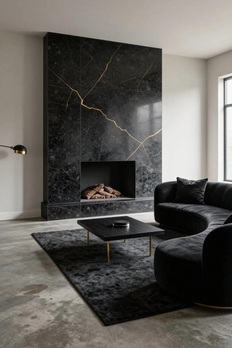 Modern living room with tall black marble fireplace wall featuring gold cracks, curved black velvet sofa, black square coffee table on dark rug, polished concrete floor, and black wall lamp.