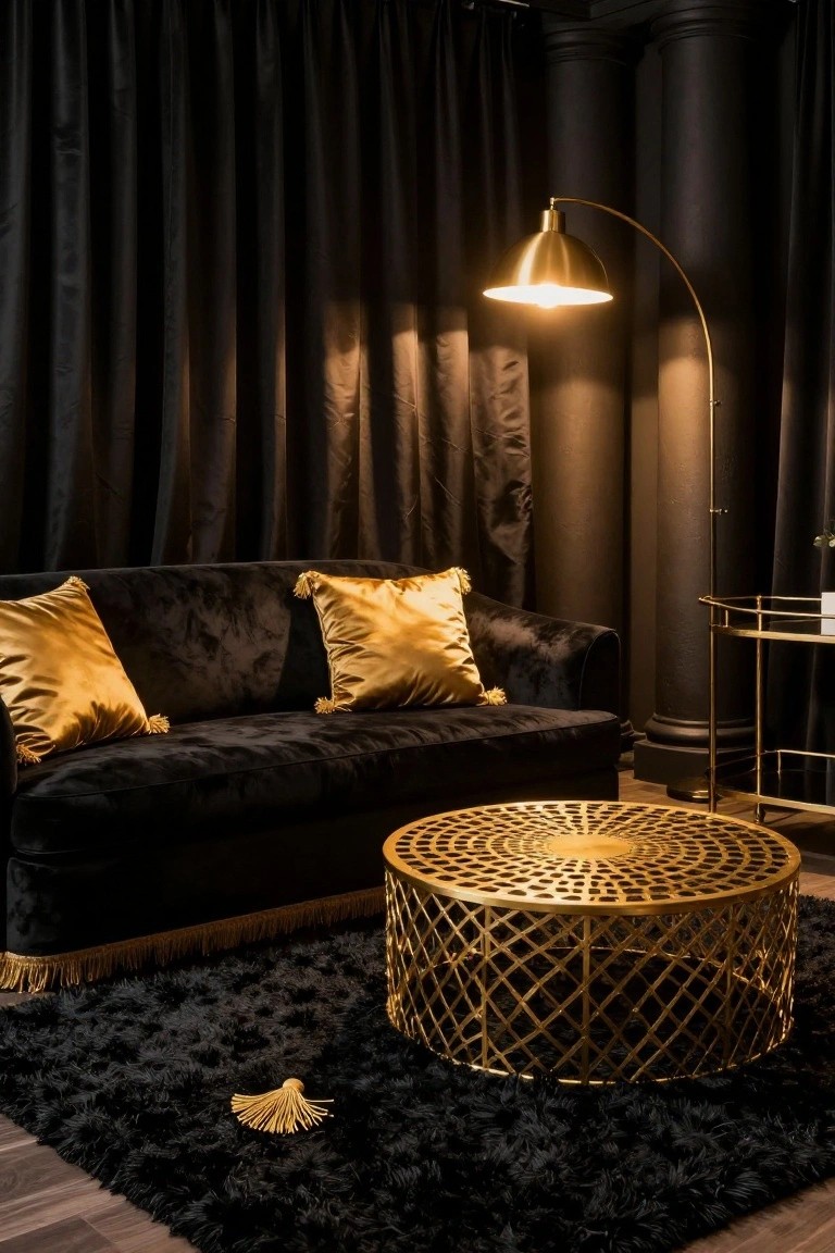 Black velvet sofa with two gold satin pillows on a black shag rug, gold wire coffee table, gold arc lamp, gold bar cart, black velvet curtains, and dark columns in a dimly lit room.