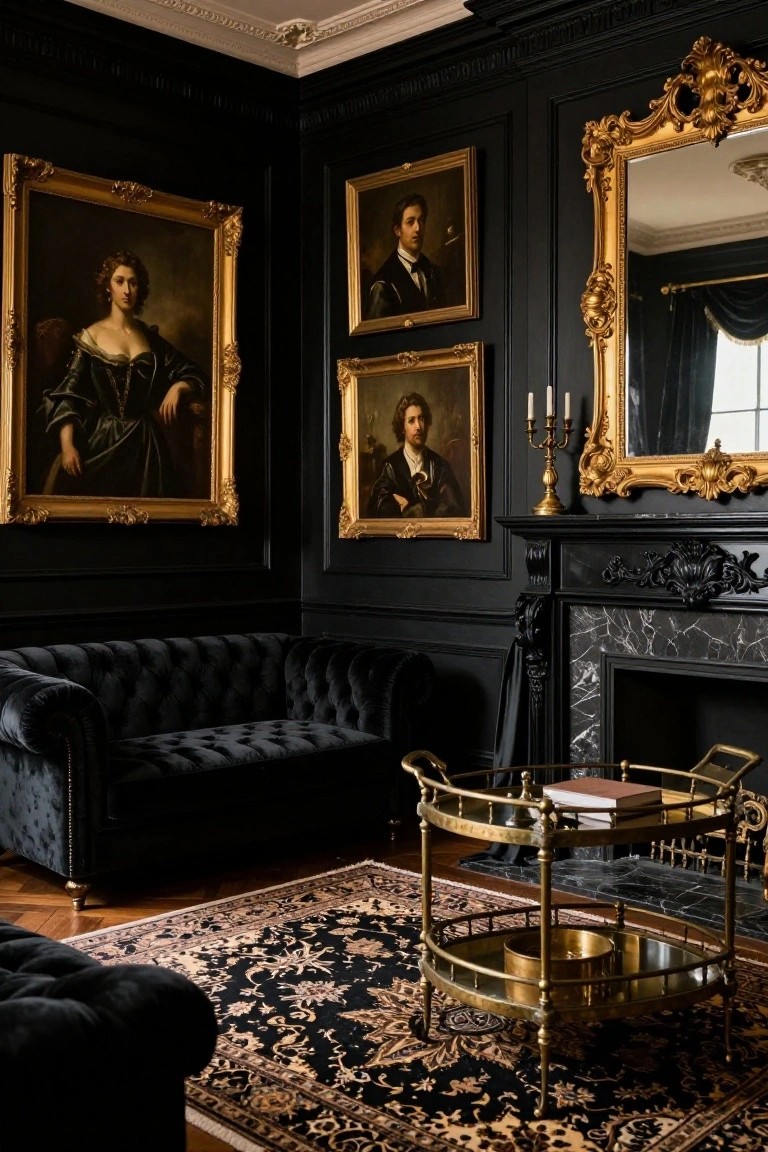 Black-paneled living room corner with gold-framed portraits of people in period clothing, black velvet tufted sofa, gold bar trolley with book and bowl, ornate gold mirror, candelabra, and black marble fireplace.