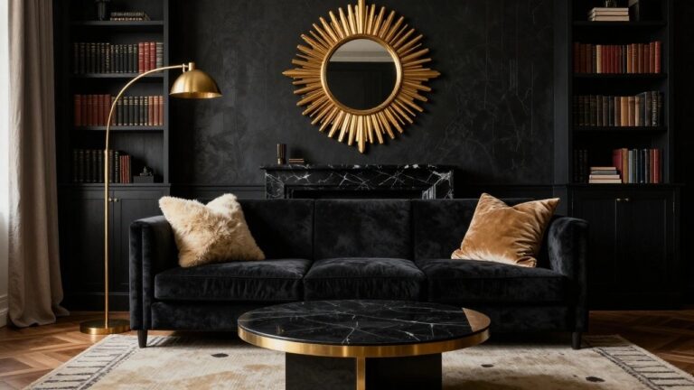 Black-walled living room with floor-to-ceiling bookshelves, large gold sunburst mirror on wall, black velvet sofa, black marble coffee table and fireplace, gold arc floor lamp, sheepskin pouf, and geometric rug on wood floors.