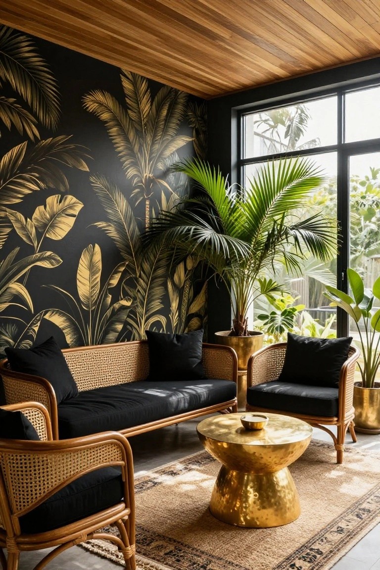 A cozy seating area with black rattan sofa and two armchairs around a hammered gold drum table, potted palms nearby, dark walls featuring gold tropical leaf wallpaper, wooden plank ceiling, and large windows overlooking greenery.