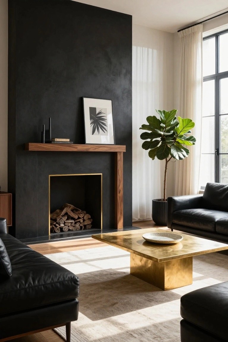 Modern living room with tall matte black textured wall surrounding a wood fireplace with gold firebox frame and stacked logs, black leather L-shaped sofa, brass square coffee table, fiddle leaf fig plant in black pot, and sheer curtains on large windows.