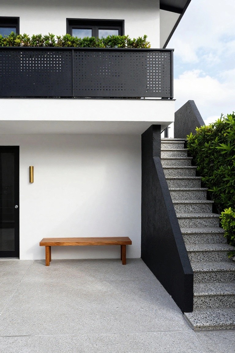 Modern house exterior with white walls, black perforated metal balcony railing above concrete stairs lined with greenery, wooden bench next to a black entry door, and gray paved ground.