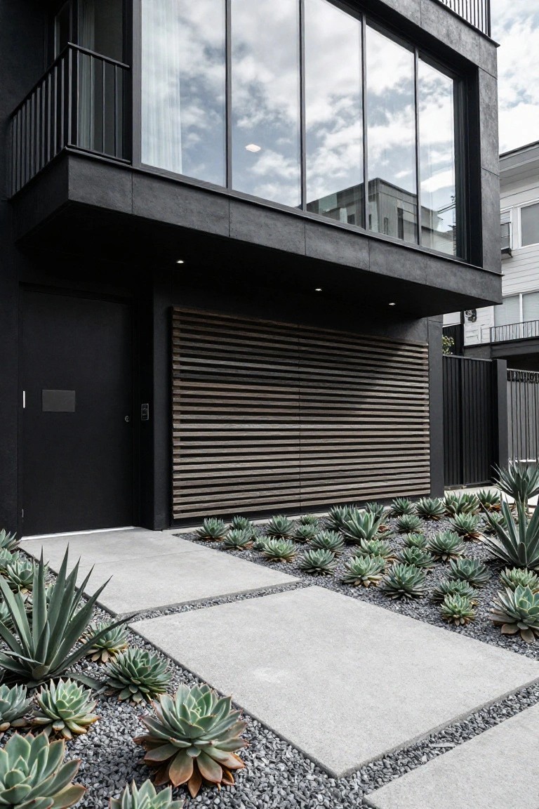 Modern black house facade with large glass windows on the upper level, black front door, vertical wood slats covering the garage wall, black metal railing on balcony, concrete pathway through gravel and agave plants, and fence on the side.