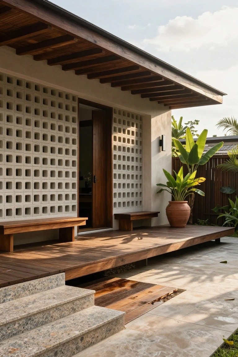 Light beige concrete breeze block screen wall with square openings beside a wooden entry door on a modern tropical house facade, featuring wooden benches, deck, granite steps, potted plants, and surrounding greenery.
