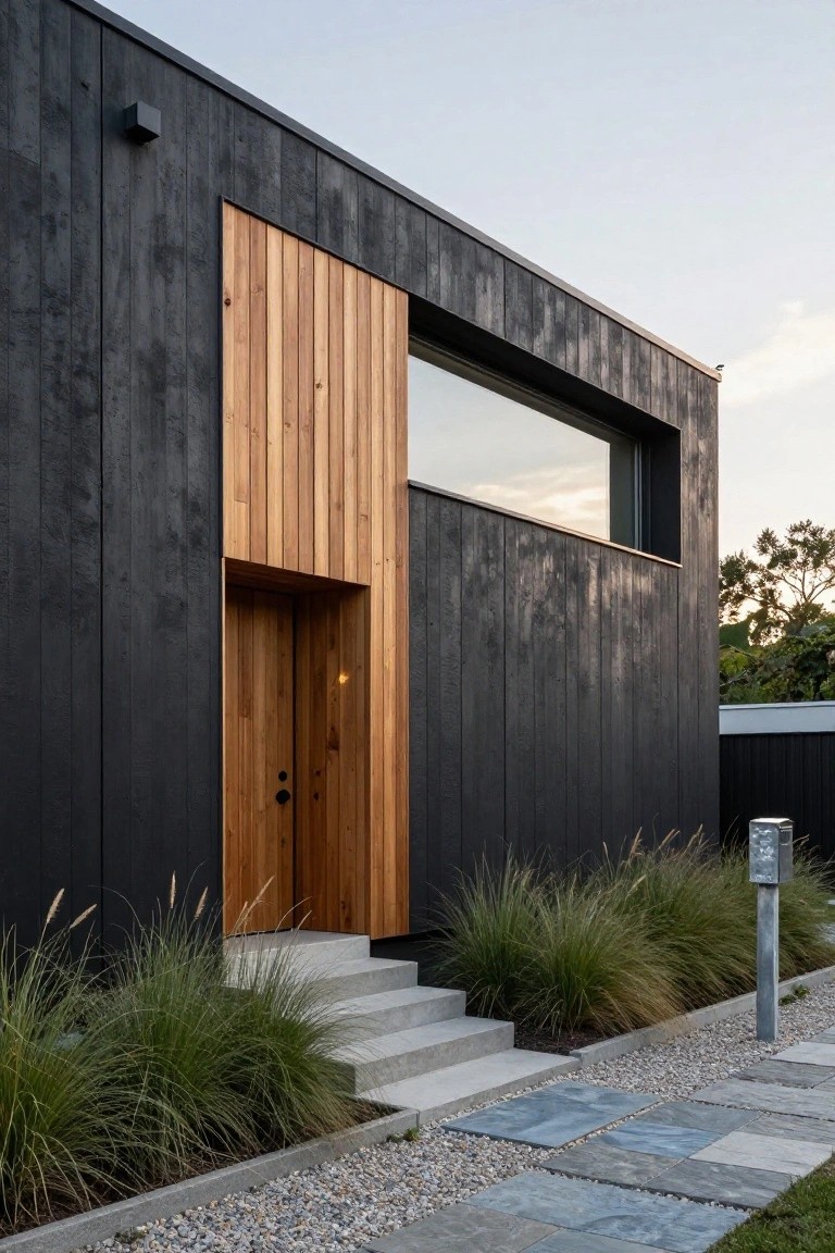 Modern house facade with black charred wood siding, vertical natural wood panel and double door entry, large horizontal window above, concrete steps, pampas grasses, gravel border, and stone paver path.