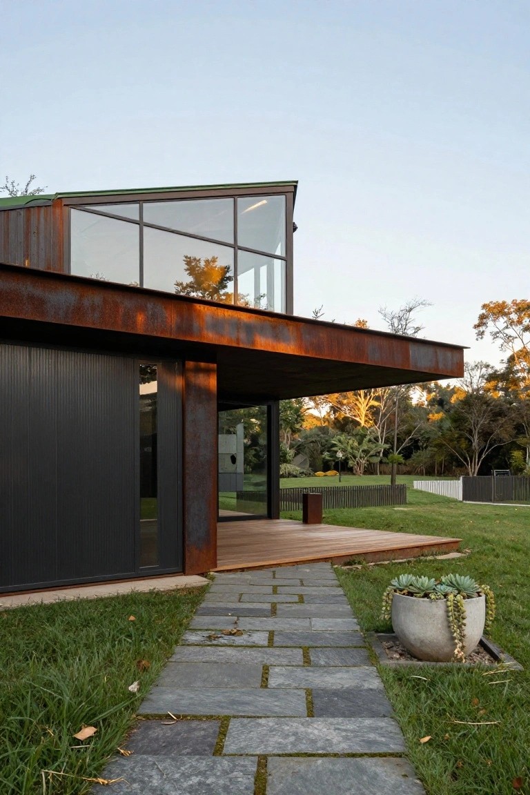 Exterior of a modern house with corten steel cladding on walls and overhanging roof, large glass window, dark vertical panels, wooden deck, stone pathway, potted succulent plant, grass, and trees in background.