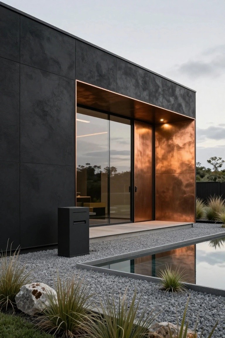 Modern house exterior featuring black textured cladding, copper-framed glass sliding doors on a deck next to gravel ground cover, grasses, rocks, and a pool edge.