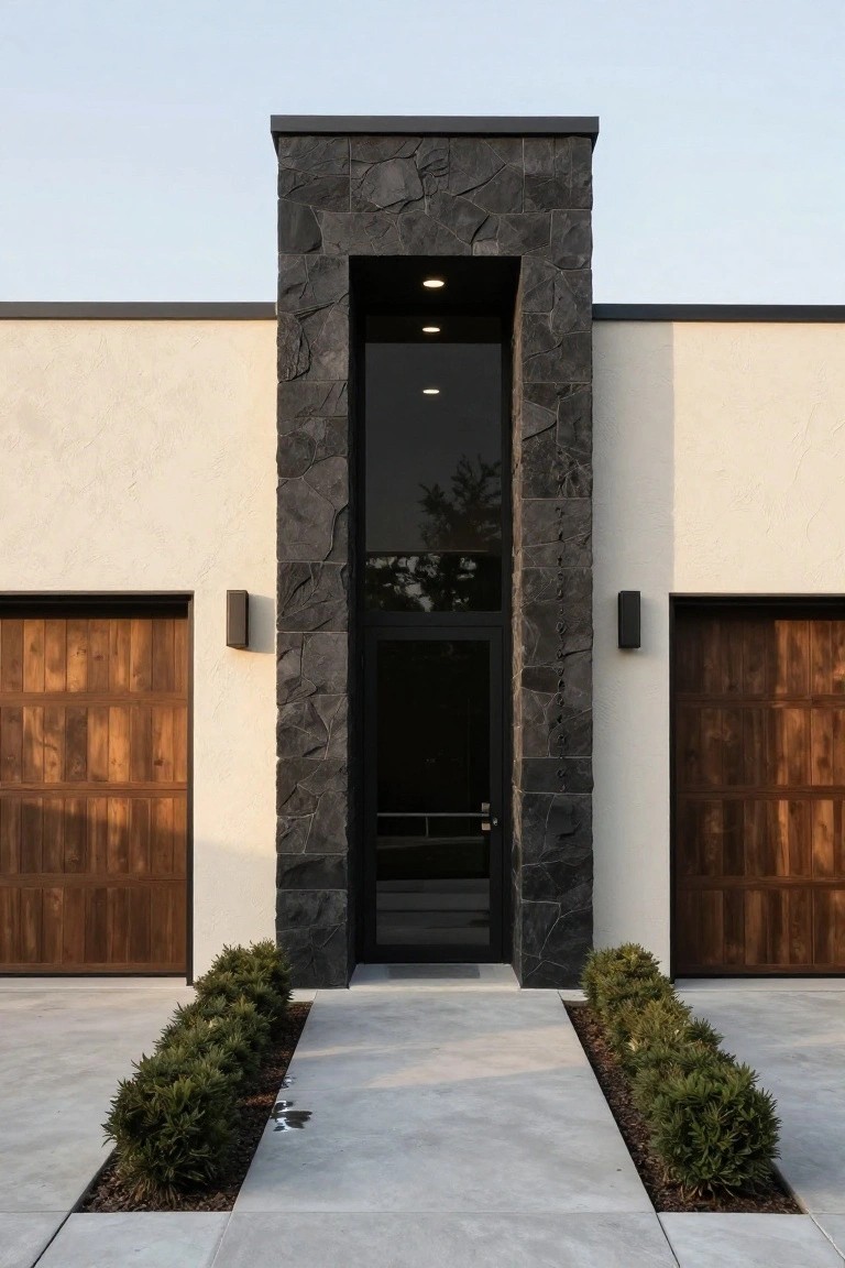 Front view of a modern house facade featuring a tall central black stone pillar with a lit glass entry door, flanked by beige stucco walls, wooden garage doors, wall lights, and low boxwood shrubs in a concrete strip along the driveway.