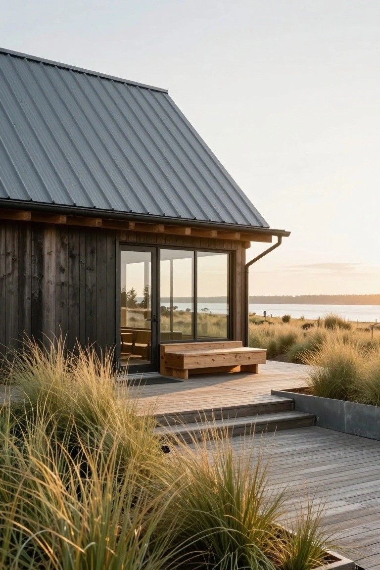 Modern single-story house featuring dark vertical wood siding, gray standing-seam metal roof, large sliding glass doors, wooden deck with bench, surrounded by tall ornamental grasses, and overlooking a bay at dusk.