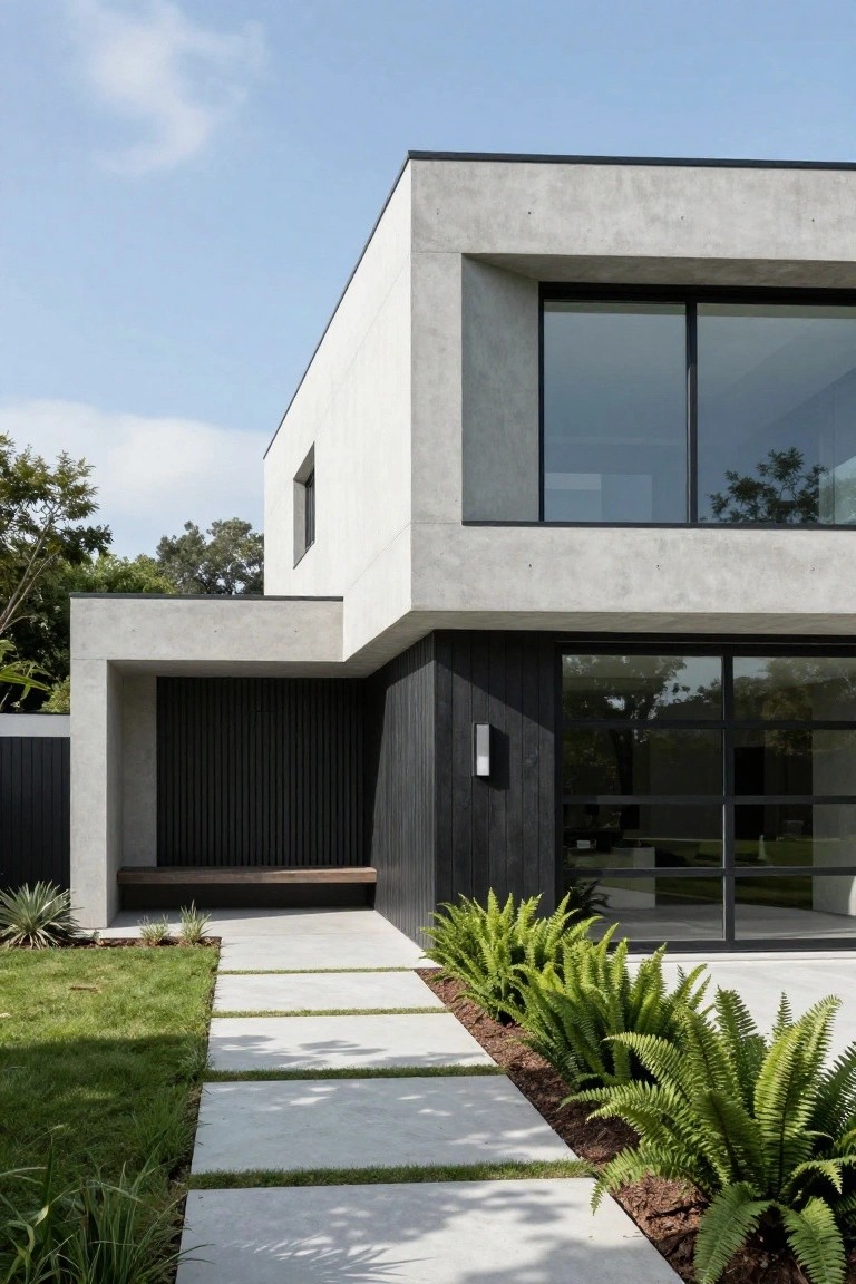 Gray concrete modern house exterior with black timber cladding at the recessed entry, large glass windows, wooden bench, stepping stone pathway, green ferns, and lawn in the front yard.