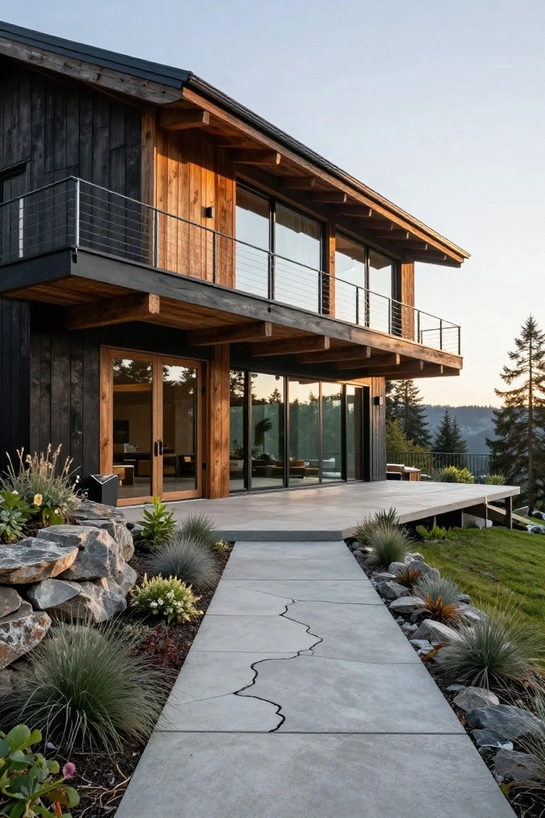 Side view of a two-story modern house featuring black charred wood siding, exposed light wood beams supporting a cantilevered upper deck with glass railings and large windows, a lower concrete deck, and a concrete path edged with rocks and grasses leading to wooden doors, set against a forested hillside at dusk.