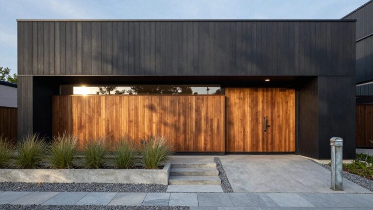 18 Bold Modern House Facades That Make A Strong First Impression Modern house facade with black charred wood siding, vertical natural wood panel and double door entry, large horizontal window above, concrete steps, pampas grasses, gravel border, and stone paver path.
