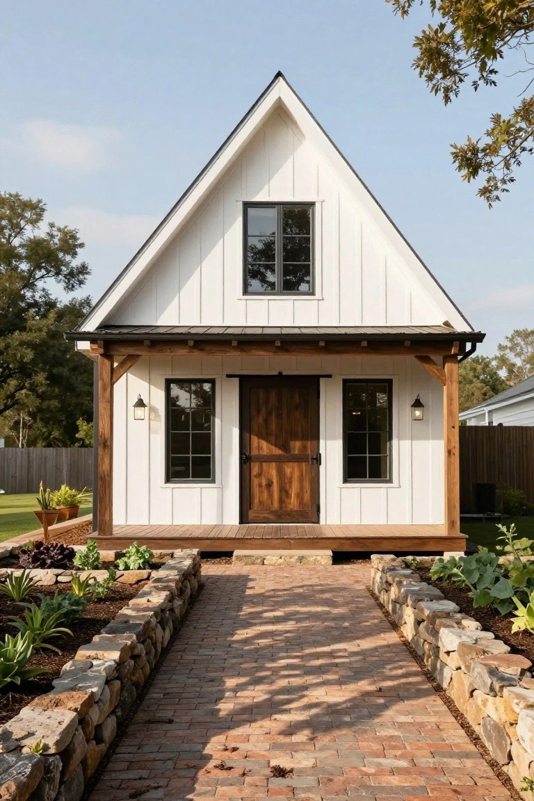 White board-and-batten gable house with dark metal roof, wooden porch supporting a sliding barn door, black-framed windows, lantern lights, brick pathway, and stone-edged garden beds.