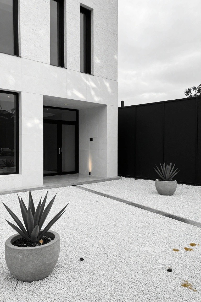 Black-and-white photo of a minimalist modern house exterior with textured white stucco walls, black metal-framed windows and double doors at the entrance, white gravel yard, two concrete pots with agave plants, and a tall black fence.