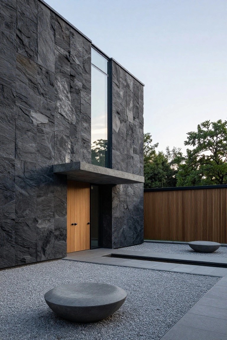 Modern house exterior with dark textured stone cladding, a recessed wooden entry door under a concrete canopy, tall glass window, wooden slat fence, and gravel yard with two large stone boulders.