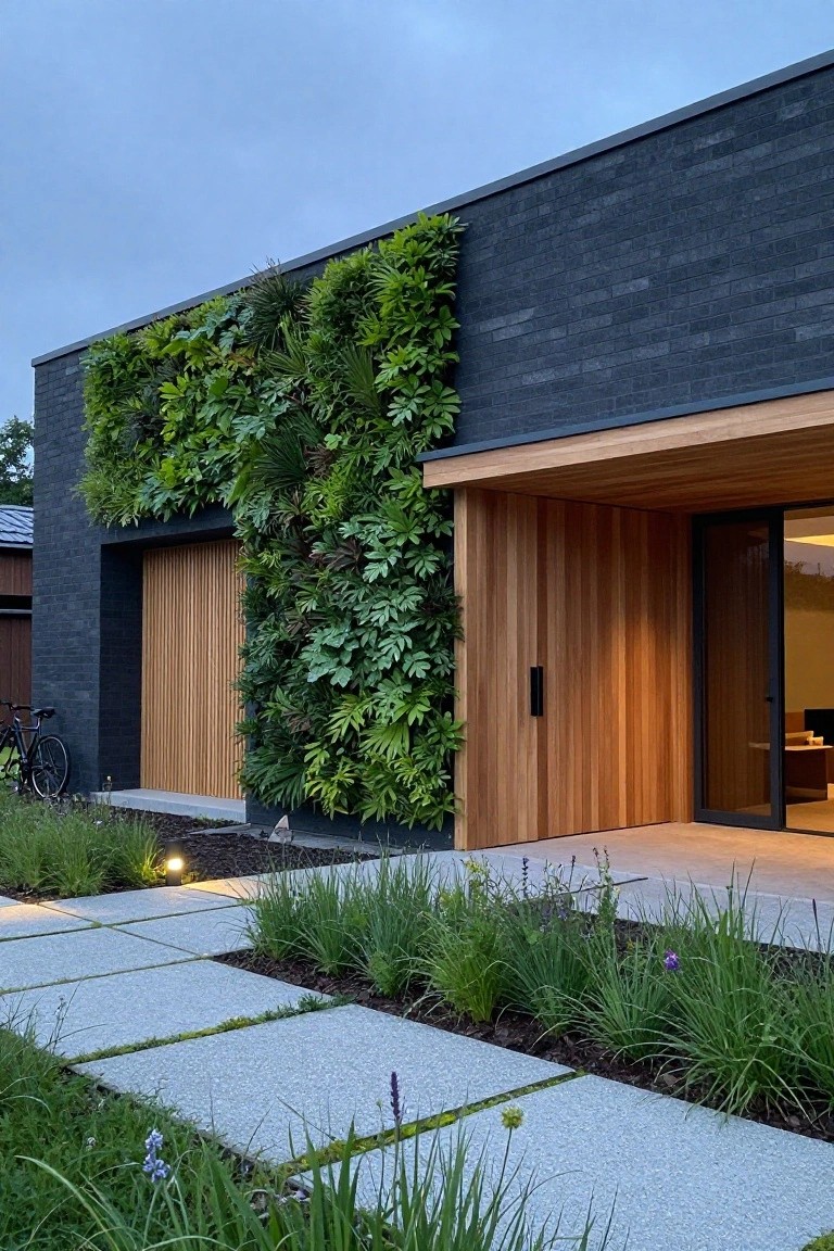 Modern house exterior with black brick walls featuring a tall vertical green plant wall, warm wood vertical cladding on garage door and entry, glass sliding door, concrete paver pathway with grasses, and a bike parked nearby under evening light.