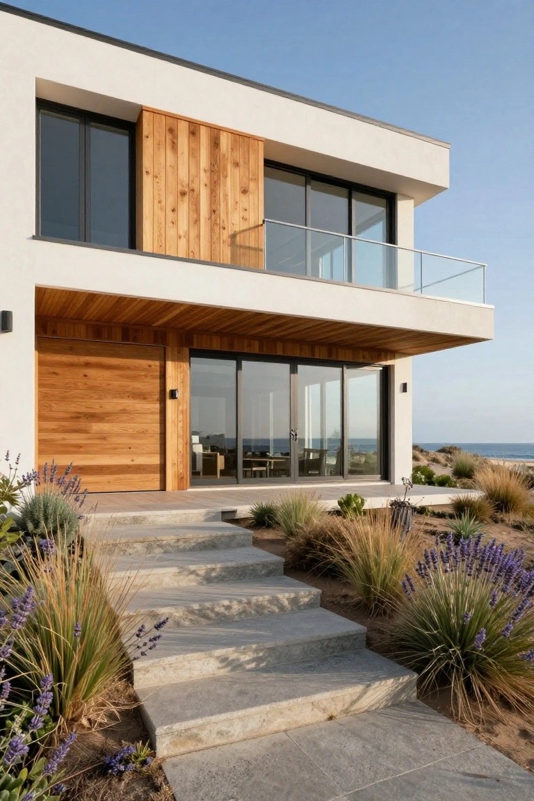 Modern two-story house exterior featuring white stucco walls accented with vertical wood cladding on the garage door, balcony, and overhang, large glass sliding doors and windows, concrete steps flanked by drought-tolerant grasses and lavender, overlooking sandy dunes and ocean.