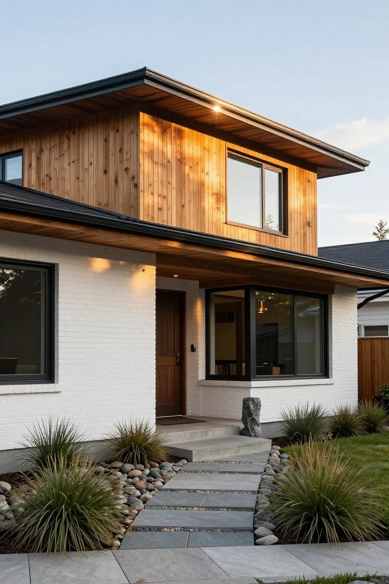 Modern two-story house exterior with cedar wood cladding on the upper section, white brick base, black-framed windows, wooden front door under a covered entry, slate stone pathway edged with pebbles and grasses leading to the steps.