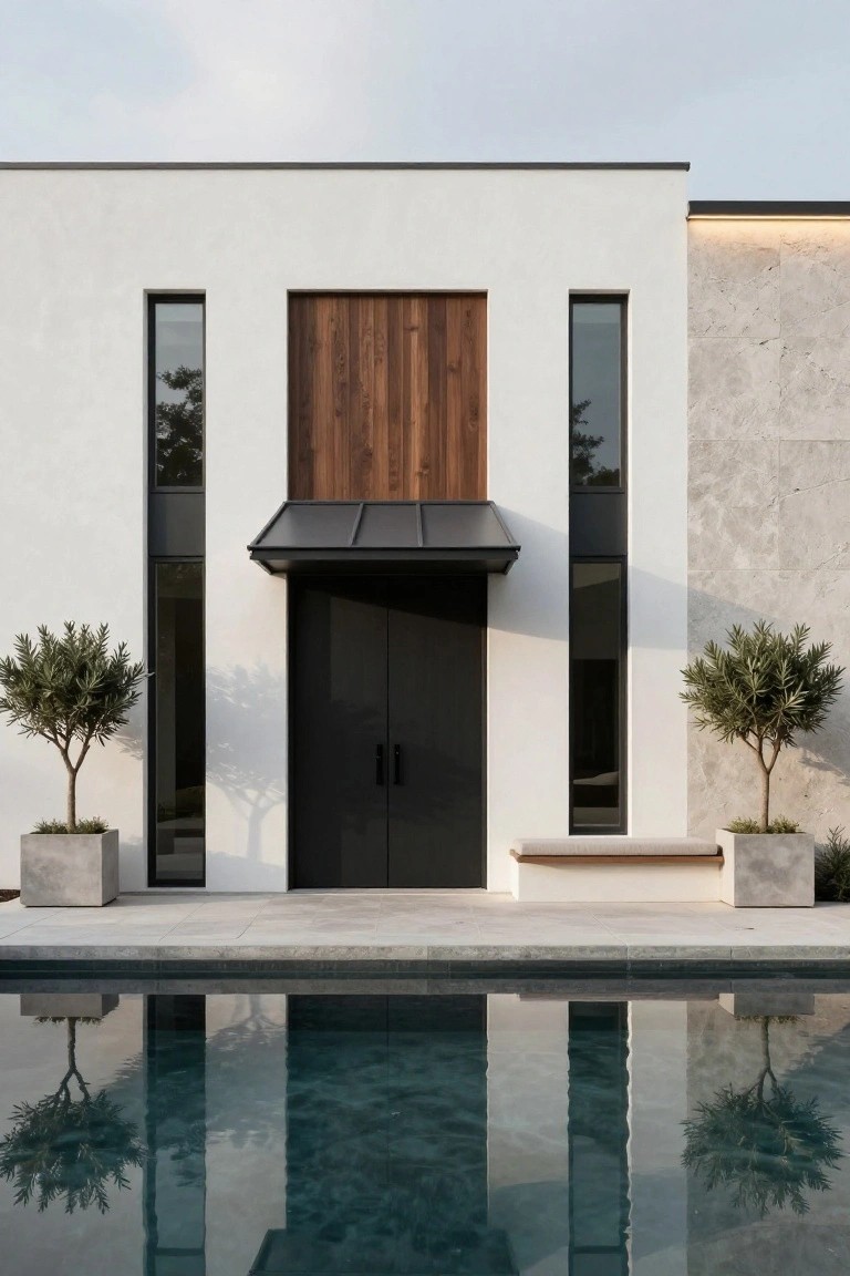 Modern house facade with white plaster walls, tall vertical black-framed windows, central wooden panel above black double doors under a black metal awning, potted olive trees flanking the entry, and pool reflections in the foreground.